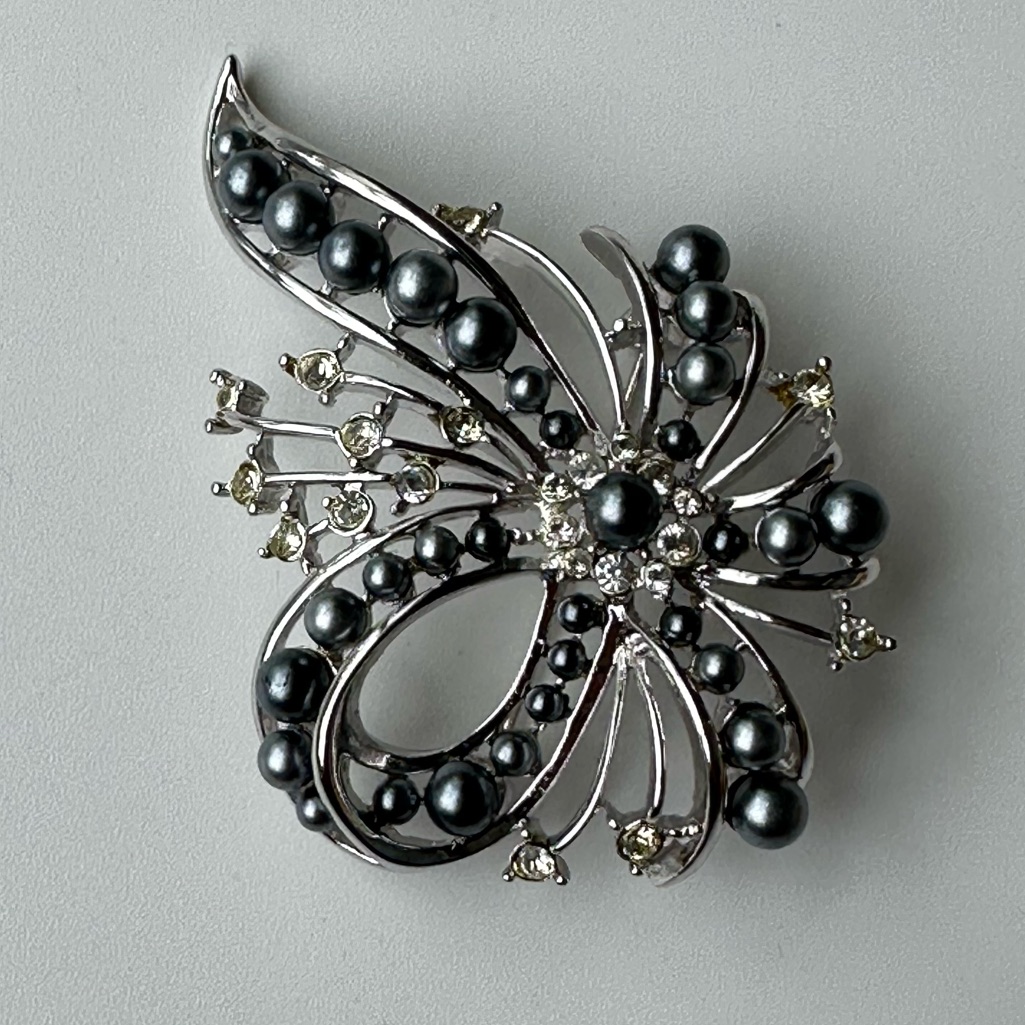 Nolan Miller Faux Gray Pearls & Rhinestones Pin Brooch